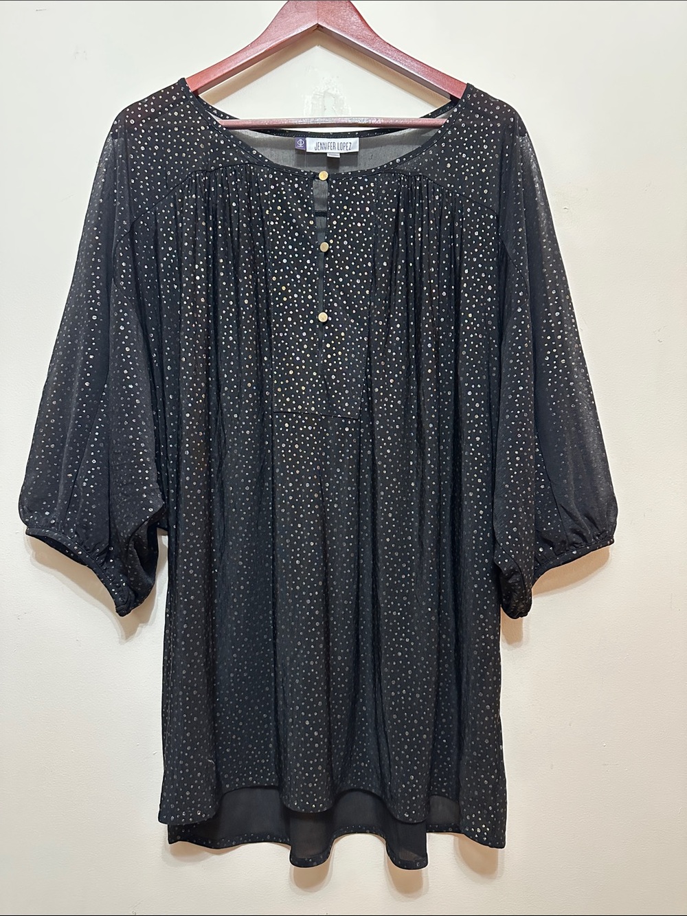 Jennifer Lopez Black Metallic Dot Peasant Tunic